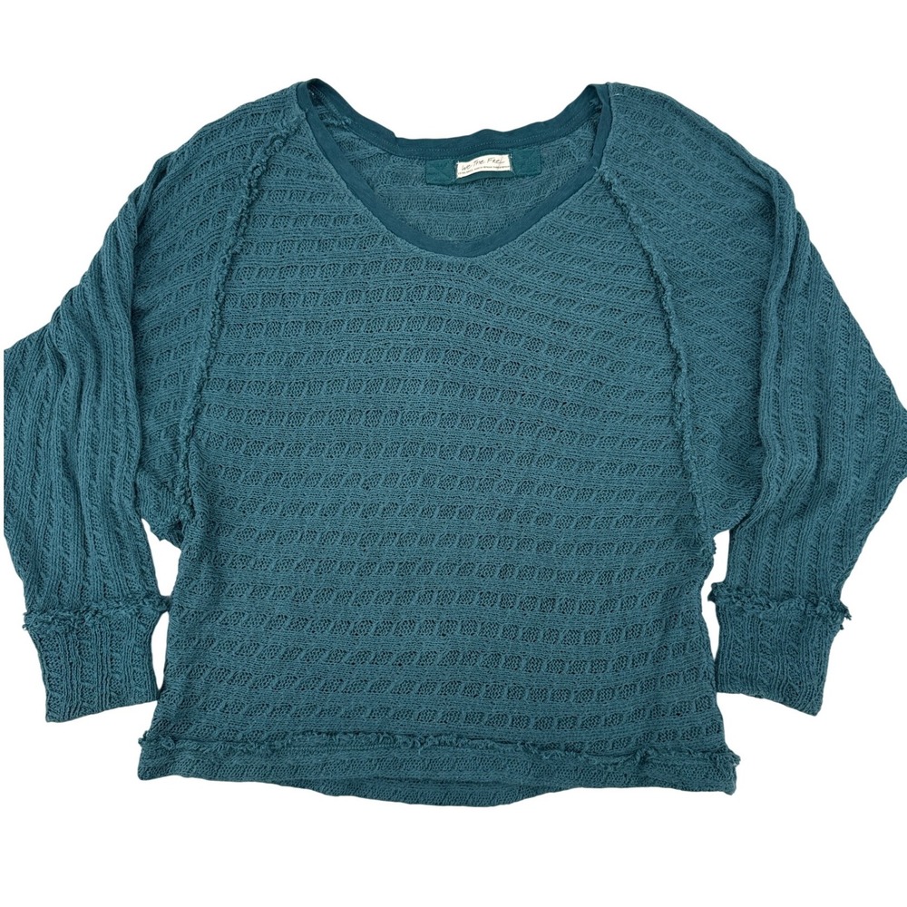 We The Free Free People Teal Blue Open Knit V-Neck Dolman Sweater Top XS